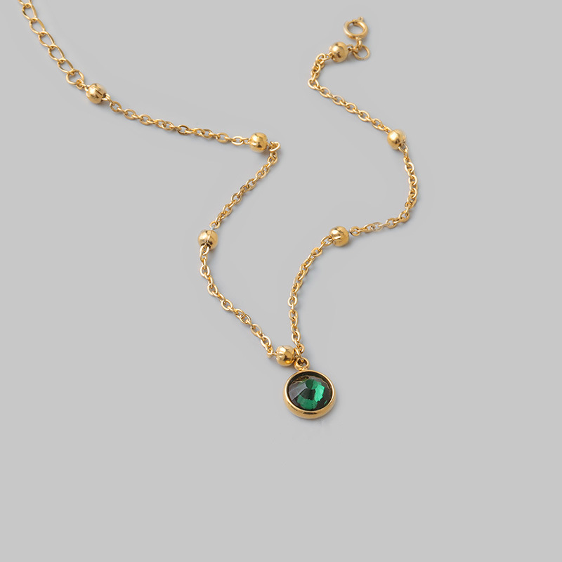 Dainty Gold Anklet with Green Crystal Pendant and Beaded Chain